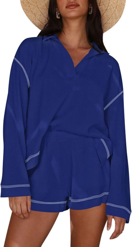 Pink Queen Women's 2023 Fall Casual Waffle Knit Long Sleeve Lounge Sets Casual Top and Shorts 2 P... | Amazon (US)