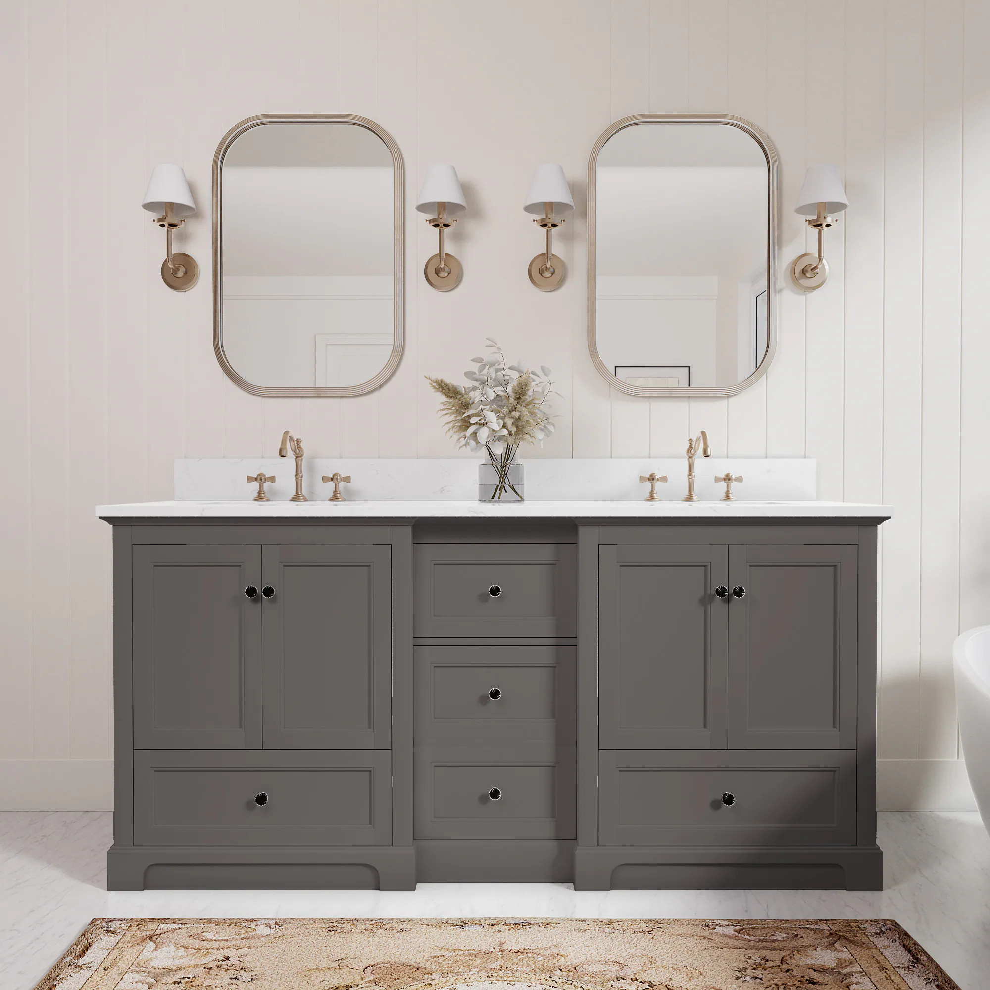 JEAREY 72-in Bathroom vanitiey 72-in Gray Double Sink Bathroom Vanity with White Marble Top | DXRZJ-4S-LG | Lowe's