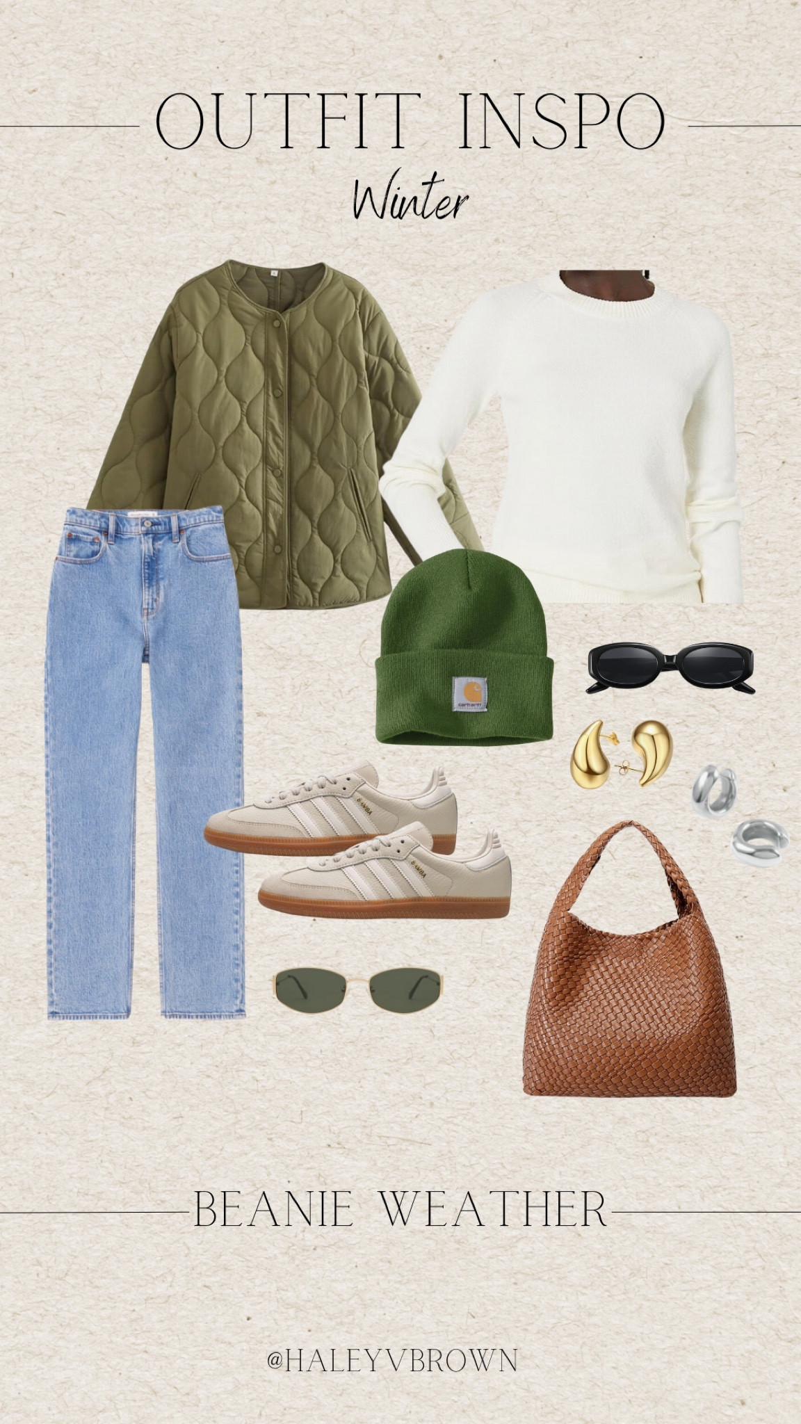 women’s sweatshirt, neutral sweatshirt, black oval sunglasses, cream handbag, neutral handbag, chunky gold earrings, chunky silver earrings, coffee date outfit, quilted jacket, green winter outfit, sambas, neutral sneakers, straight leg jeans, Abercrombie jeans, brown handbag, Pinterest outfit , green beanie

#LTKSeasonal #LTKshoecrush #LTKstyletip