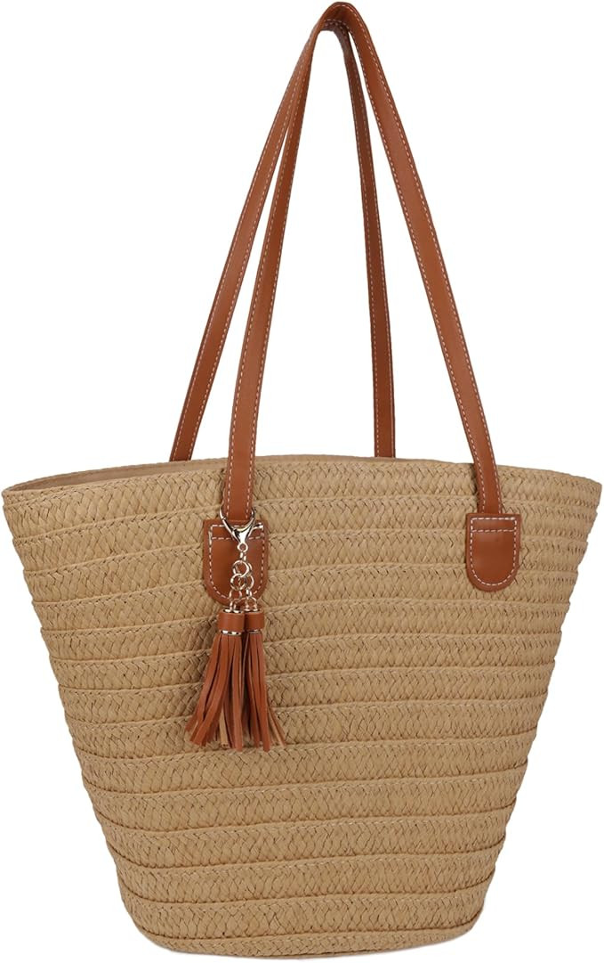 Straw Beach Bags for Women Summer Beach Tote Bag Woven Shoulder Handbag Purse with Tassel (Brown-... | Amazon (US)