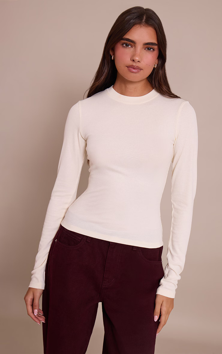 Cream Soft Rib Crew Neck Long Sleeve Top | Tops | PrettyLittleThing US