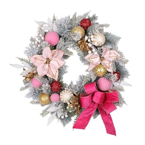 LushNook 28" Prelit Pink Christmas Wreath for Front Door, Handmade with Faux Flocked Pine Branch Christmas Flower Ornament Bow, Winter X'Mas Holiday Decoration for Home Door Porch Wall Indoor/Outdoor | Amazon (US)