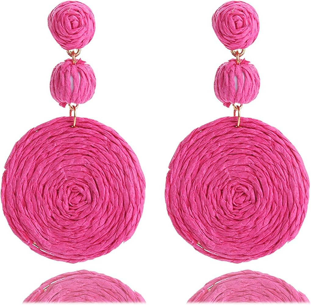 Boho Raffia Ball Earrings for Women, Handmade Statement Drop Earrings Straw Dangle Earrings Beach... | Amazon (US)