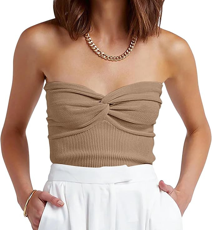 ANRABESS Womens Tube Tops Summer Crop Tank Top 2026 Beach Vacation Bandeau Knit Twist Knot Outfit... | Amazon (US)