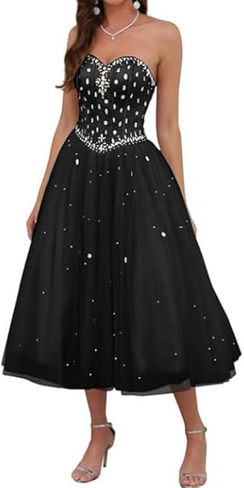 Women's Strapless Tea Length Prom Dress, Tulle Ball Gown with Crystal Beading, Corset Back, Sweet... | Amazon (US)