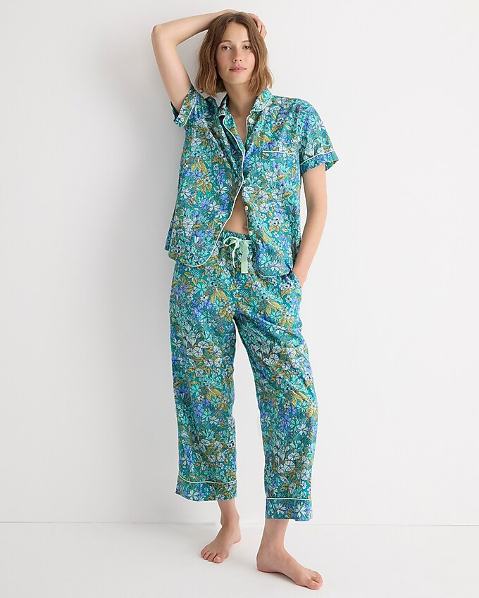Short-sleeve cotton poplin pajama set in aqua blooms | J. Crew US