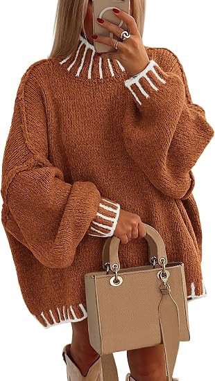 PRETTYGARDEN Women's Mock Neck Oversized Pullover Sweaters | Long Batwing Sleeve, Chunky Knit, Co... | Amazon (US)