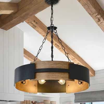 Farmhouse Chandelier for Dining Room, 6-Light Rustic Drum Chandeliers Black and Brown Metal Wood Grain Round Pendant Lighting for Kitchen Island Foye | Wayfair North America