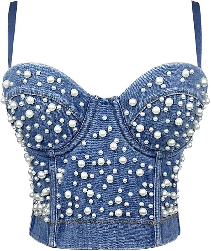 Denim Corset Top Push Up Bustier Crop top Corset Top Bra Jean Top | Amazon (US)