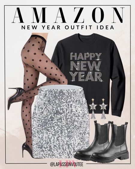 Ring in the New Year with comfort and style! Pair a cozy New Year's Eve sweatshirt with a sassy sequin mini skirt, patterned tights, and festive New Year's Eve earrings. Complete the look with trendy Chelsea boots for a laid-back yet chic celebration to welcome the year ahead.

#LTKstyletip #LTKSeasonal #LTKHoliday