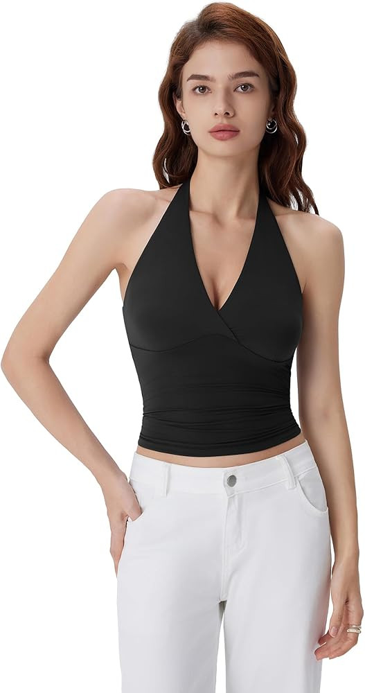 SUUKSESS Women Halter Backless Tank Tops with Built in Bra Double Lined V Neck Y2k Going Out Tops | Amazon (US)