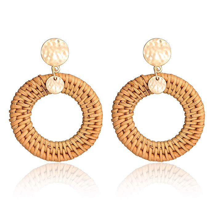 BSJELL Rattan Hoop Earrings Woven Handmade Straw Circle Drop Earrings Hammered Disc Stud Wicker B... | Amazon (US)
