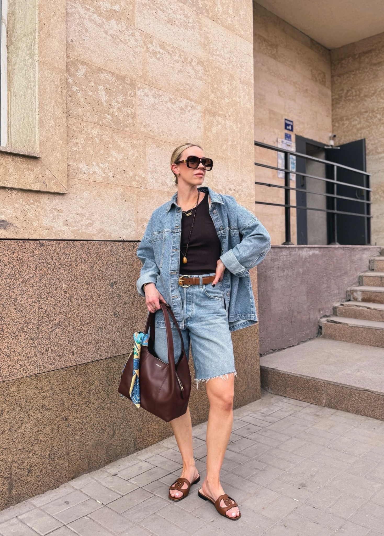 All denim outfit, denim on denim, denim bermuda shorts, Gucci sandals, Le Tanneur handbag (on sale now!)

#LTKSaleAlert #LTKSeasonal #LTKOver40