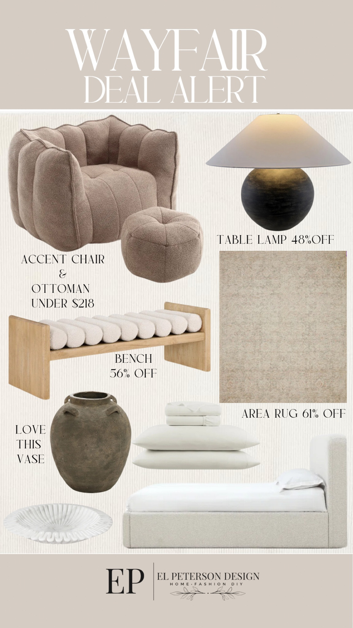 Wayfair deal alert
Accent chair
Table lamp
Area rug
Sheet and pillow set
Upholstered bed
Vase
Bench


#LTKHome #LTKSaleAlert