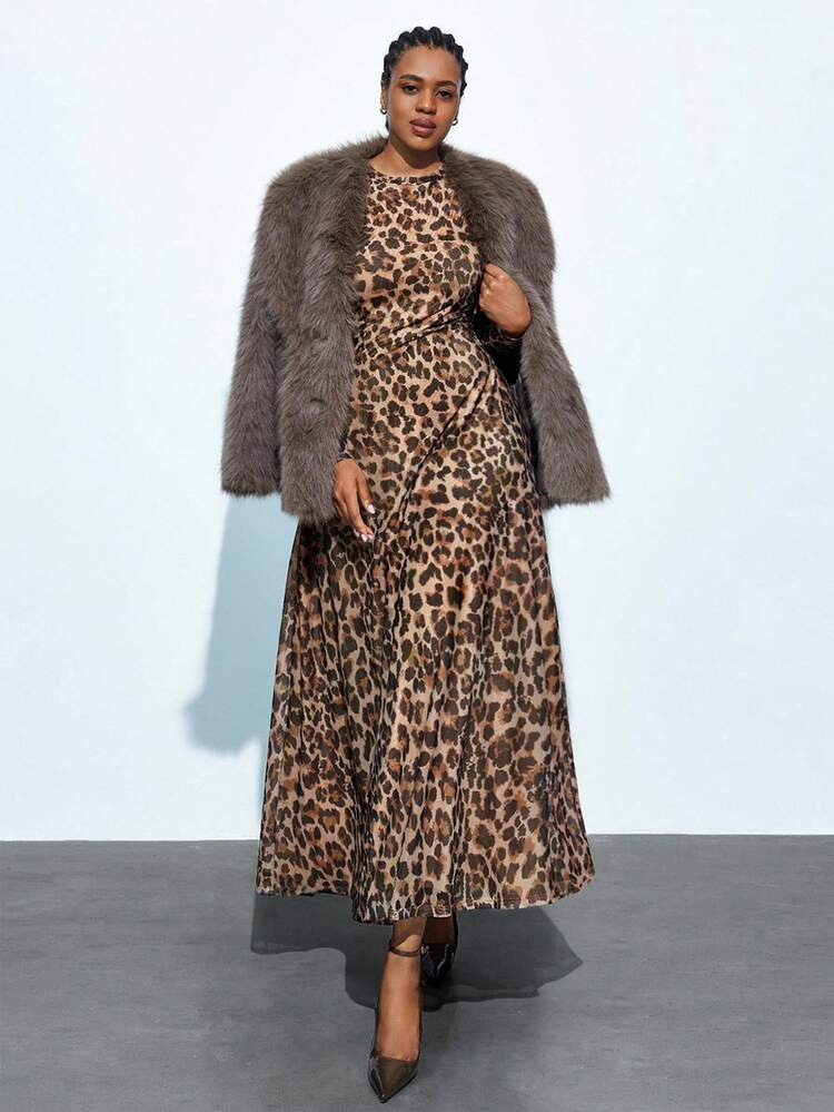 Maija Plus Size Women's Elegant Modern Leopard Print Digital Printing Sexy Spring/Summer Mini High Waist Fitted A-Line Maxi Dress, Suitable For Party, Holiday, Valentine's Day, Plus Size Women's Winter Clothing, Women's Autumn Wear, Halloween Costume, Christmas Dress, New Year Outfit Leopard Dress Plus Size Cheetah Print Plus Size Animal Print Plus Size Cheetah Dress For Women Sheer Dress Plus Size | SHEIN