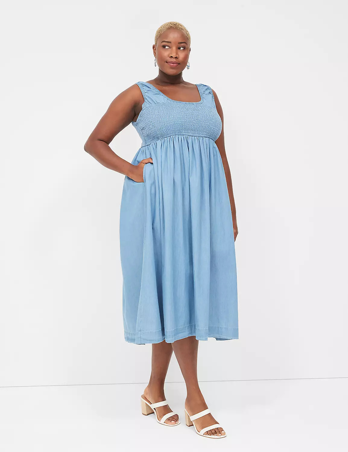 Smocked-Bodice Chambray Midi Dress | LaneBryant | Lane Bryant (US)