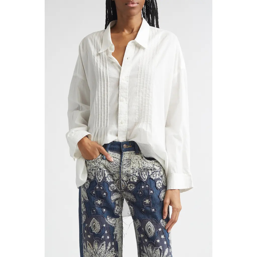 R13 Drop Neck Pintuck Button-Up Shirt in White at Nordstrom, Size X-Small | Nordstrom
