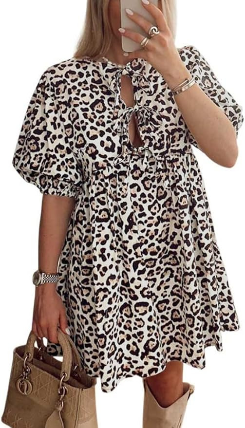 Women Casual Summer Puff Sleeve Mini Dress Bow Tie Front Y2K Babydoll Cut High Waist Peplum Dress | Amazon (US)
