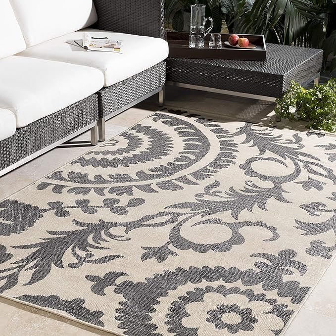 Livabliss Alysia Outdoor Damask Area Rug,8'10" Round,Cream/Gray | Amazon (US)