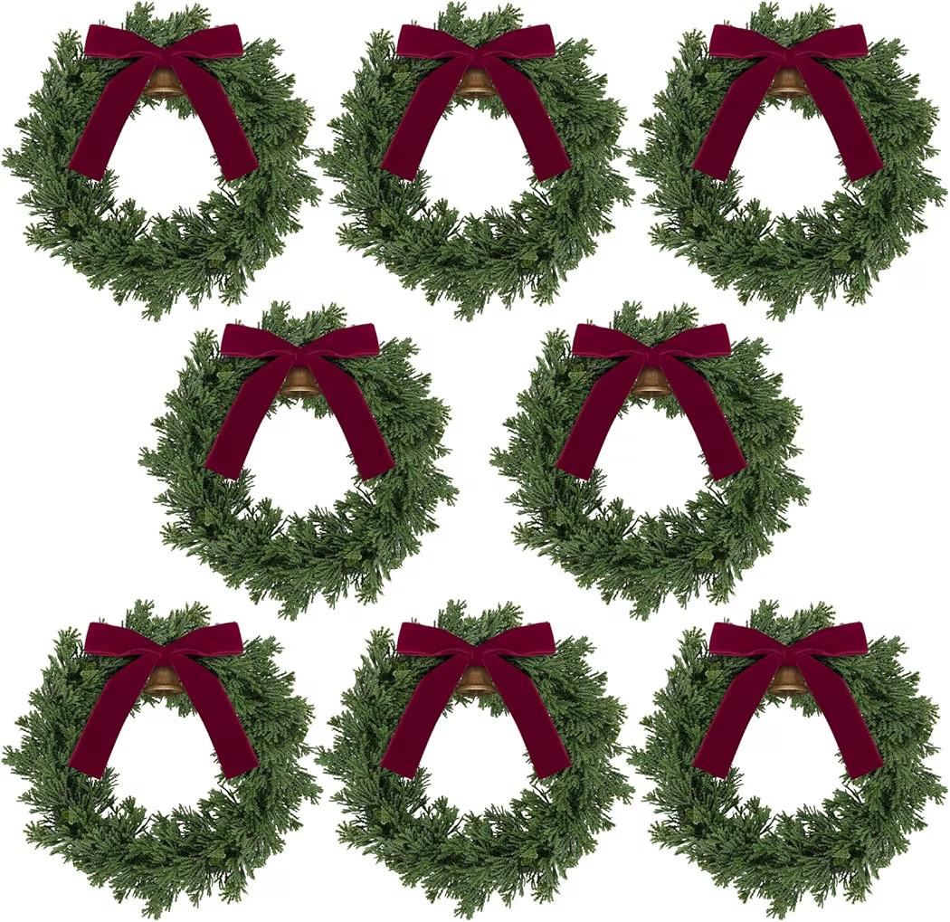 Dingion 8 Pcs Christmas Wreath Decorations 10 x 10 Inches Christmas Cabinets Wreaths with Red Rib... | Amazon (US)