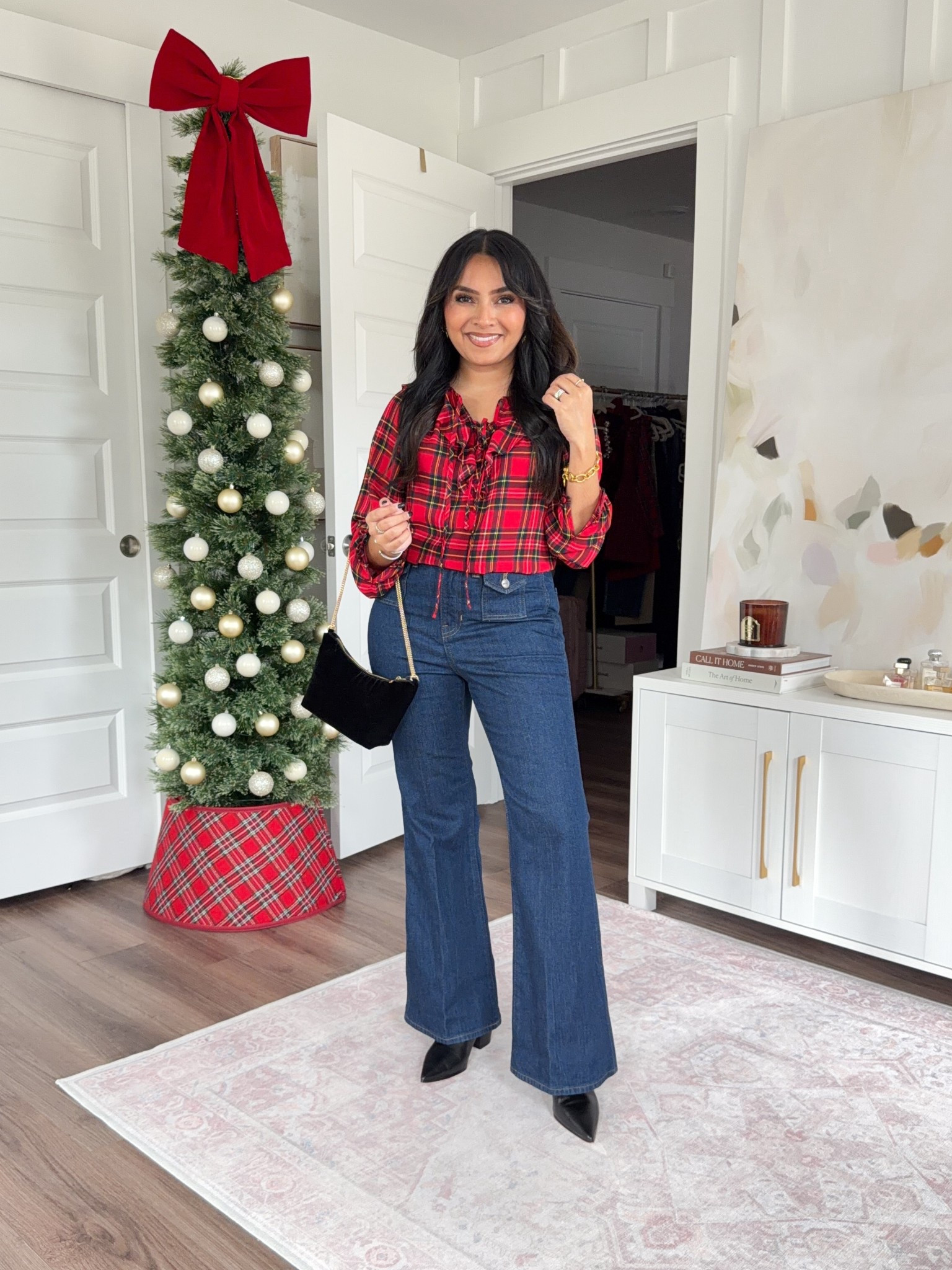 Red plaid top size xxs regular TTS
Flare jeans in rinse wash  size 26 petite - run a little snug in the waist, size up a size if you like a more roomy waist
Black boots size 5.5 TTS


#LTKSaleAlert #LTKPetite #LTKHoliday