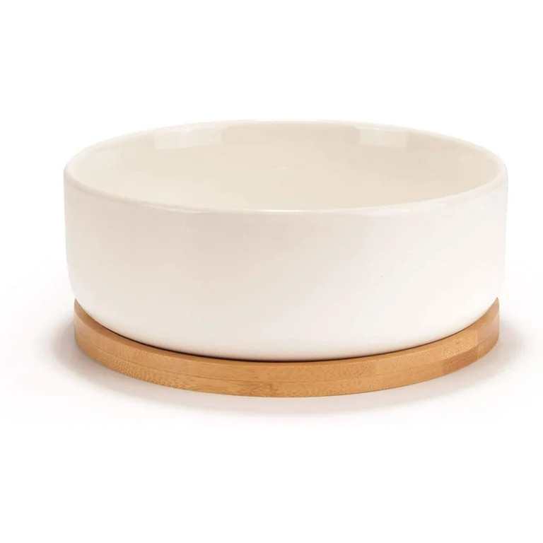 BambooMN Ceramic Succulent Planter Pots - 1 Pot - Round Bowl - with Bamboo Tray - White - 6.38" | Walmart (US)