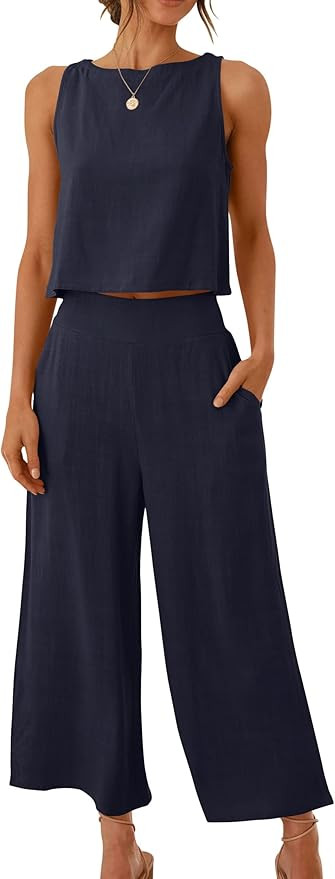 ANRABESS Women's Summer 2 Piece Outfits Sleeveless Crop Top Capri Wide Leg Pants Jumpsuit Linen L... | Amazon (US)
