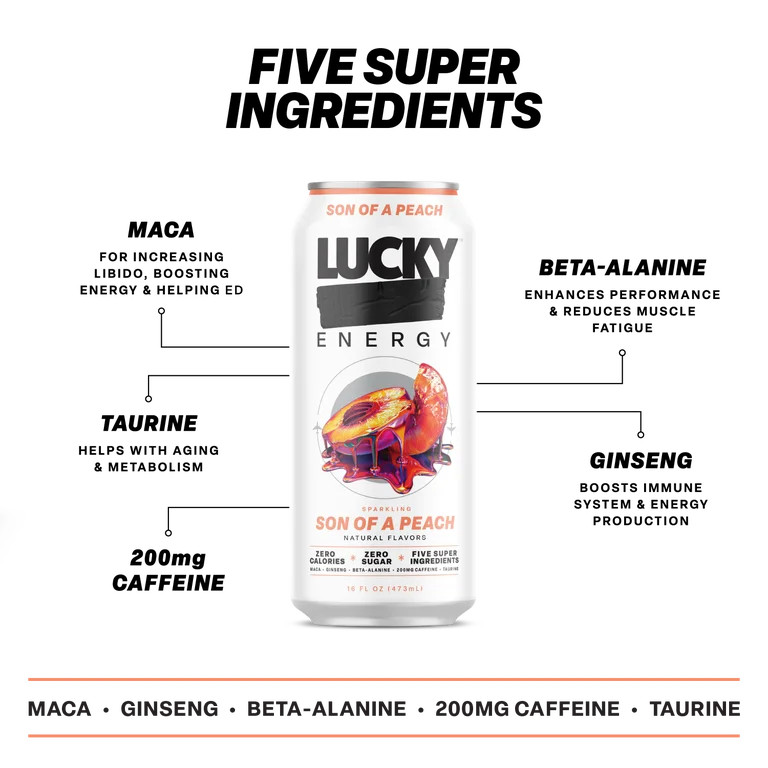 Lucky Energy Sugar Free Energy Drinks, Son of a Peach, 16oz Cans (12-Pack) Healthy, Zero Sugar En... | Walmart (US)