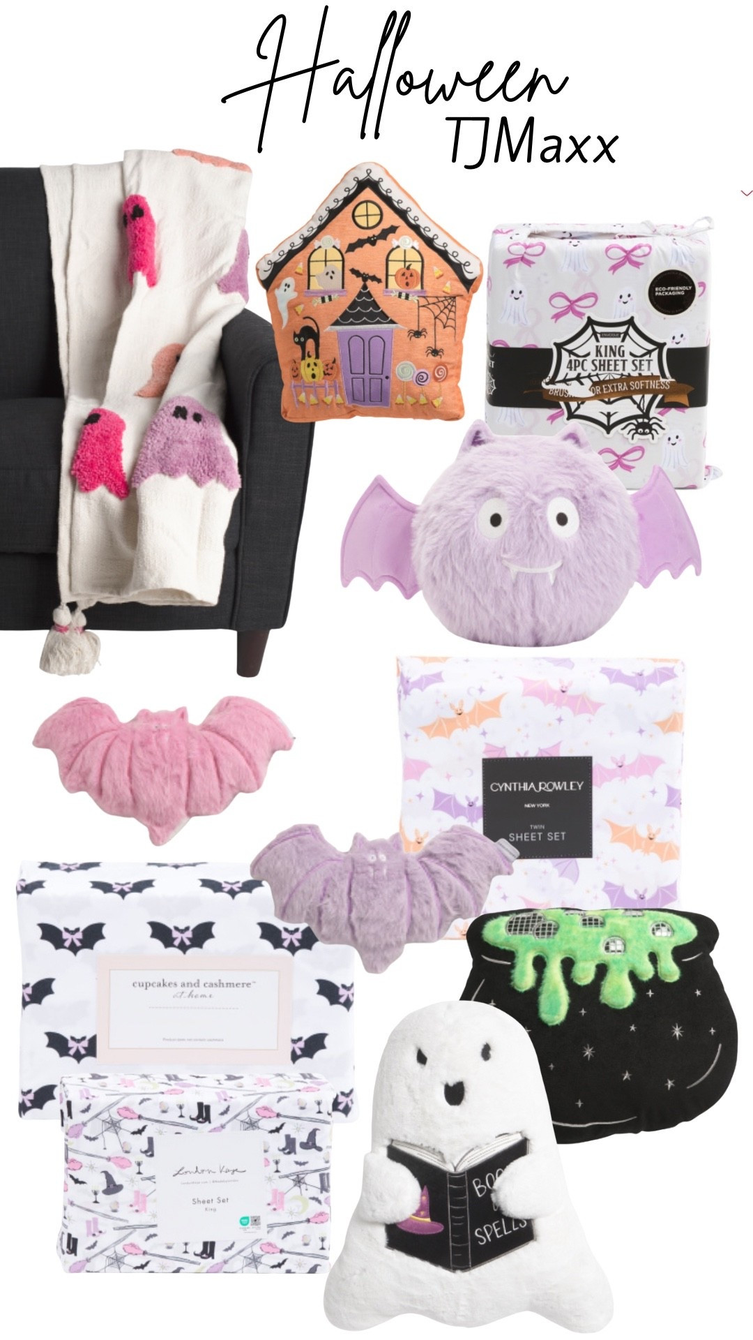 Pink, bright and girly Halloween pillows, sheets, blankets & bedding. New 2025 TJMaxx Halloween decor finds. 

#LTKSeasonal #LTKHome