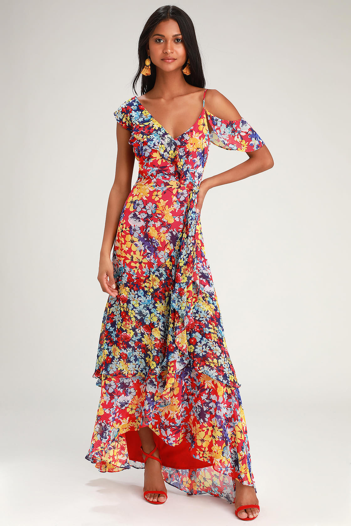 Radiant Ruby Red Floral Print Chiffon Maxi Dress | Lulus (US)