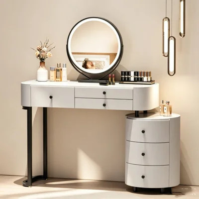 Modern Minimalist Vanity Desk with LED Lighted Detachable Mirror, Rotatable Side Cabinet, Drawers & Storage Cabinet, Makeup Dressing Table with Stool, | Wayfair North America