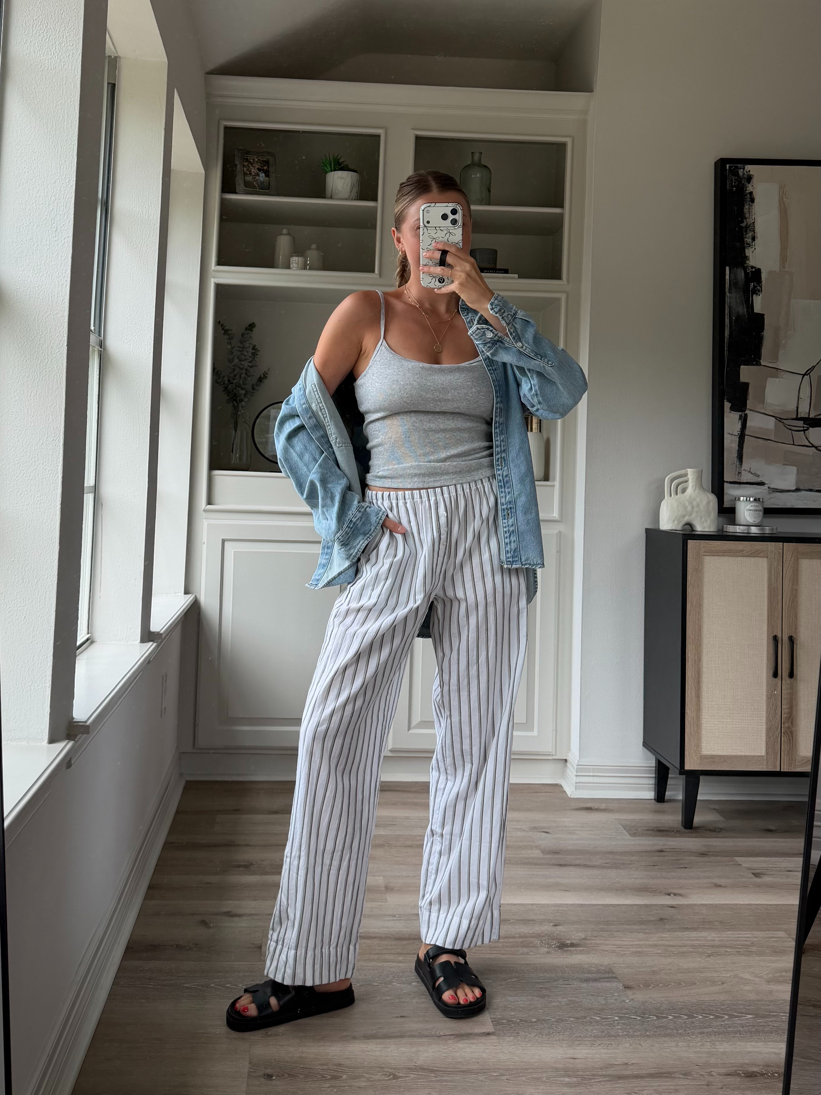 Comfy casual everyday outfit | S pants, s gray tank, M denim jacket 

 