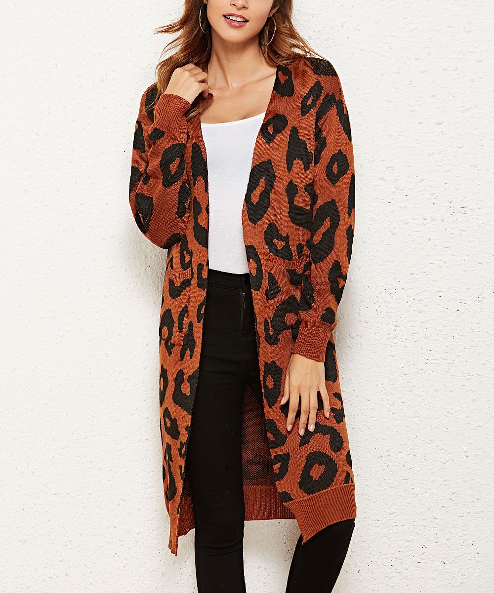 Camel & Black Leopard Print Pocket Open Cardigan - Women | zulily