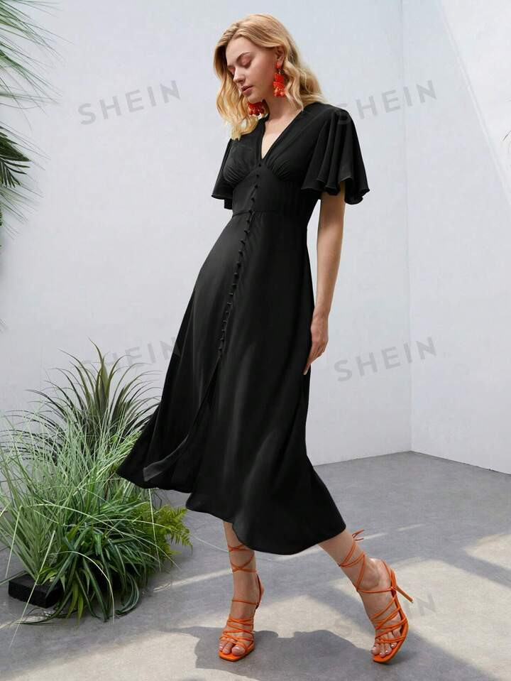 SHEIN VCAY Butterfly Sleeve Button Front Dress | SHEIN