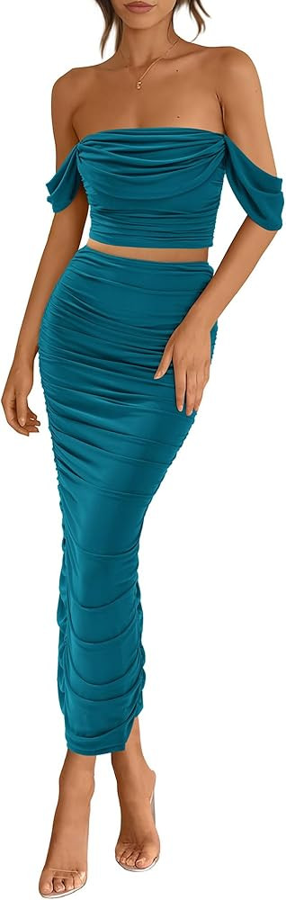 PRETTYGARDEN Women Sexy Two Piece Outfits Summer Off Shoulder Ruched Bodycon Mesh Cocktail Club S... | Amazon (US)