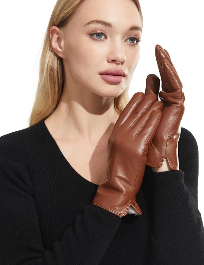 Super Warm Fur Lined Leather Gloves Women Touchscreen Texting Driving Gloves Simple Classic Style | Amazon (US)