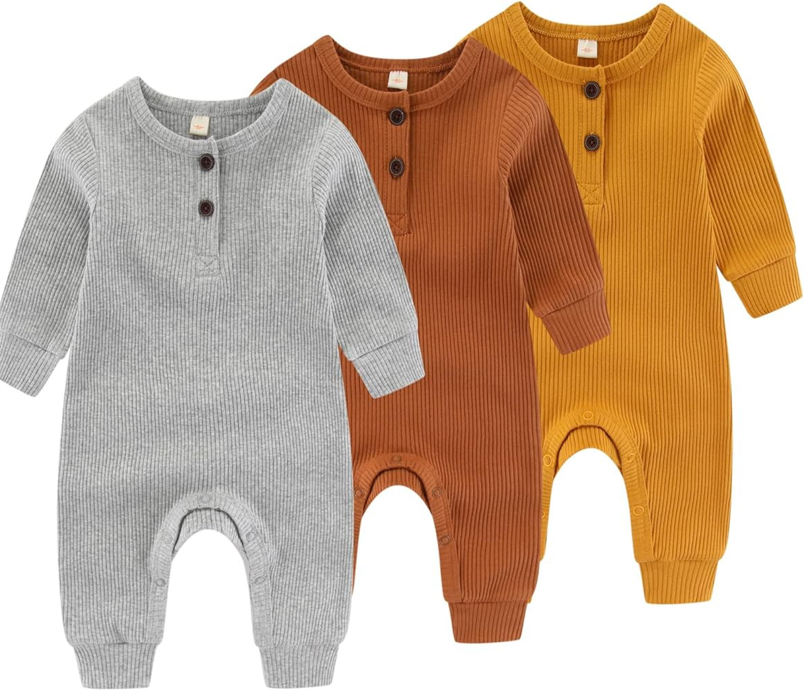 Newborn Baby Boys Girls One Piece Romper With Mitten Cuffs 3 Pack Long Sleeve Ribbed Button Jumps... | Amazon (US)