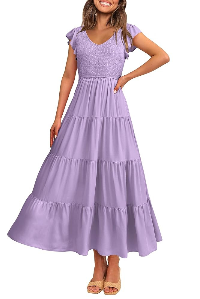 PRETTYGARDEN Women's Summer Flowy Maxi Dress Casual Cap Sleeve V Neck Smocked Beach Sundress | Amazon (US)