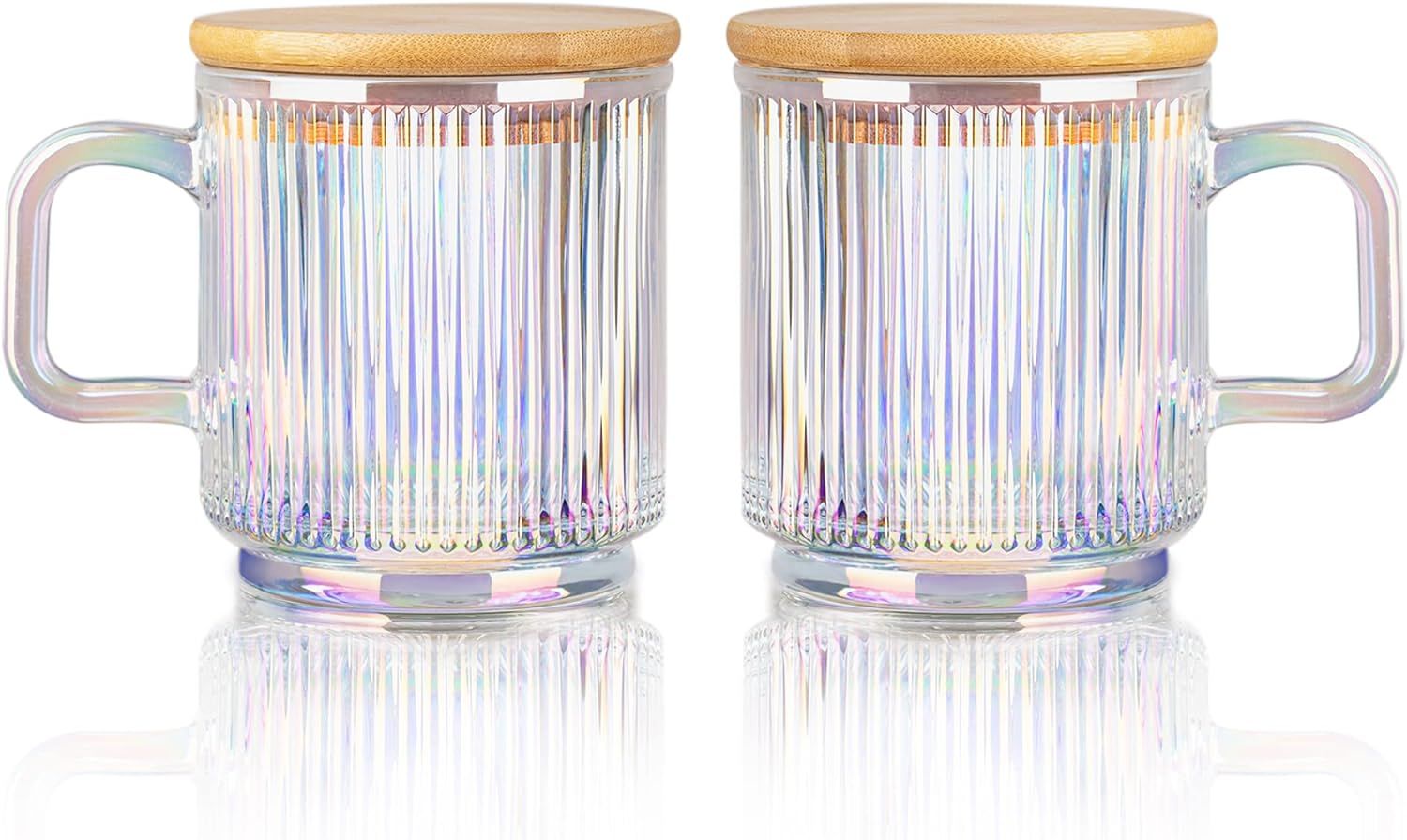Joeyan Iridescent Glass Coffee Mugs Set of 2-11.5 oz Striped Coffee cups with Lid - Large Drinkin... | Amazon (US)