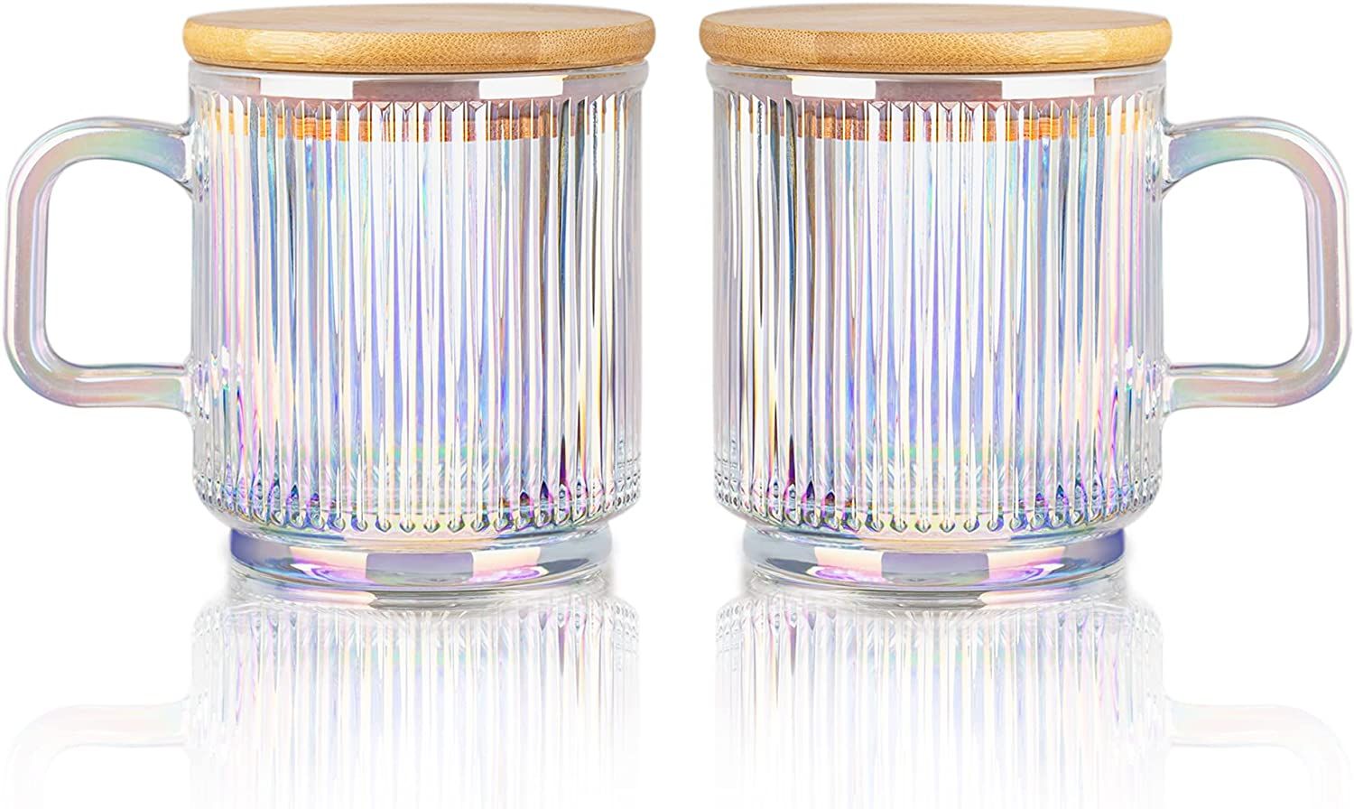 Joeyan Iridescent Glass Coffee Mugs Set of 2-11.5 oz Striped Coffee cups with Lid - Large Drinkin... | Amazon (US)