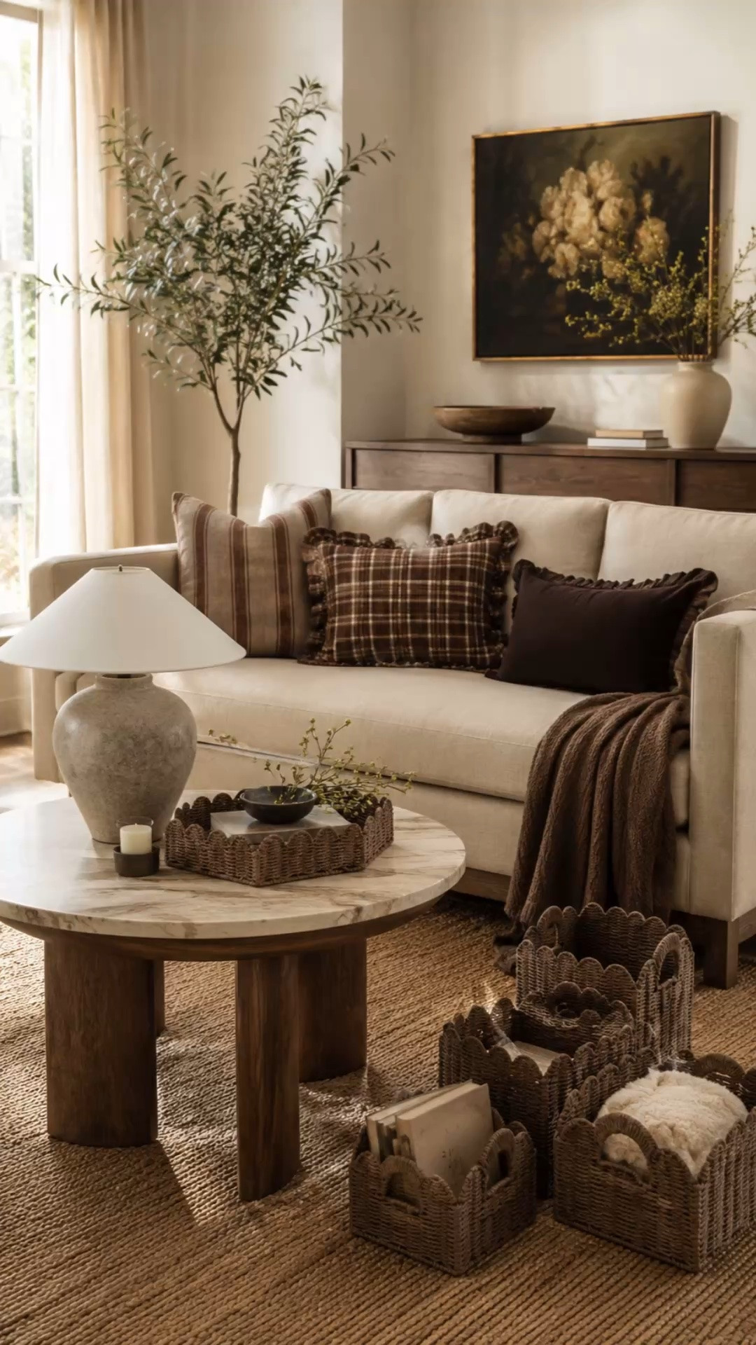 If cozy had a color palette, this would be it 🤎

Warm woods, rich chocolate tones, layered textiles, and the prettiest woven details made this living room feel straight out of a designer home… without feeling too perfect or untouchable.

The plaid + stripe pillow combo might be my favorite part.

#LTKHome #LTKSaleAlert #LTKSeasonal
