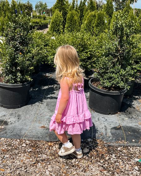 Toddler girl summer outfit // clothes // fashion // pink dress // golden goose lookalike tennis shoes // sneakers // scalloped socks // sunglasses // accessories // style // trendy 

#LTKshoecrush #LTKFind #LTKkids