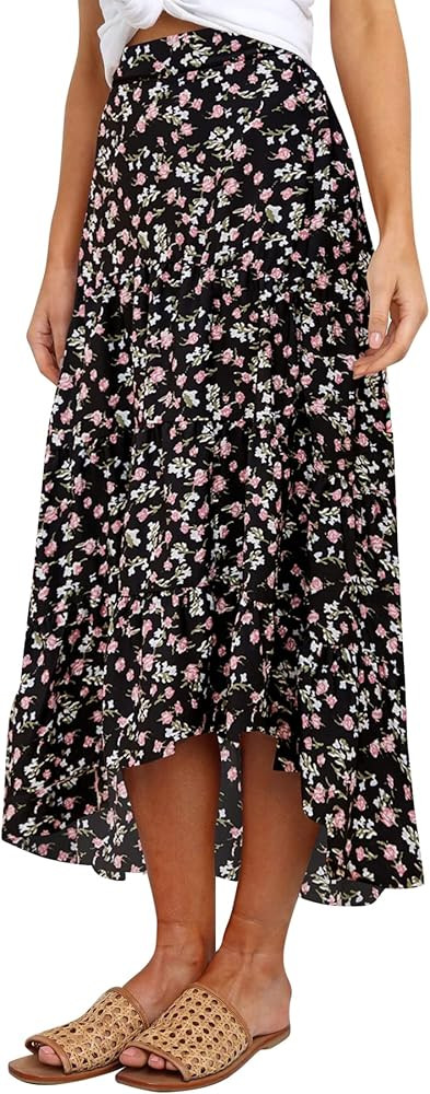 SimpleFun Women's Long Skirts Boho Floral Elastic High Waist Asymmetrical Hem Midi Skirt | Amazon (US)