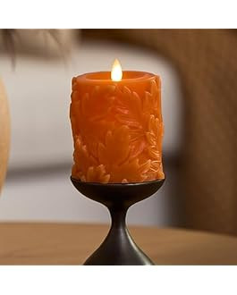 Luminara Embossed Leaves Flameless Pillar Marmalade, Moving Flame LED Candle Real Wax Unscented Battery Operated (3.5" x 4.5") | Amazon (US)