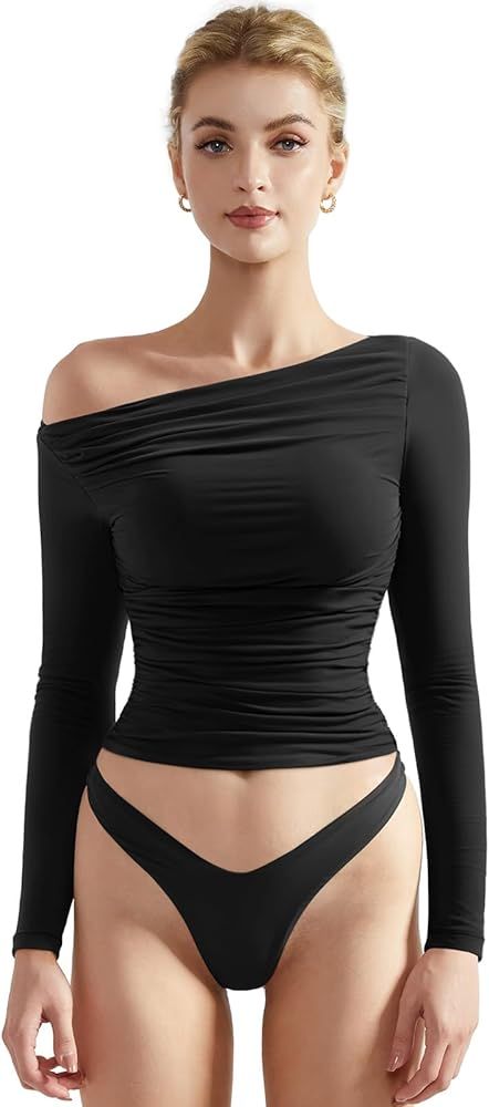 SUUKSESS Women Off Shoulder Long Sleeve Shirts Double Lined Fitted Crop Tops | Amazon (US)