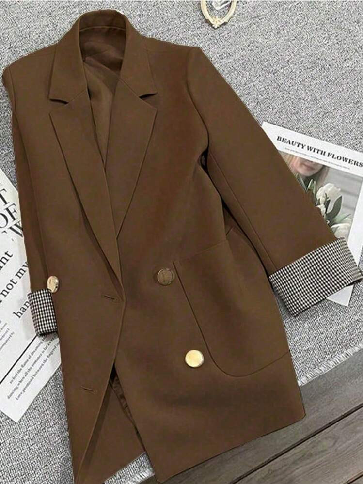 Franclia French Splicing Plaid Design Cuffs Slightly Fitted Commuter Casual Summer Blazer | SHEIN