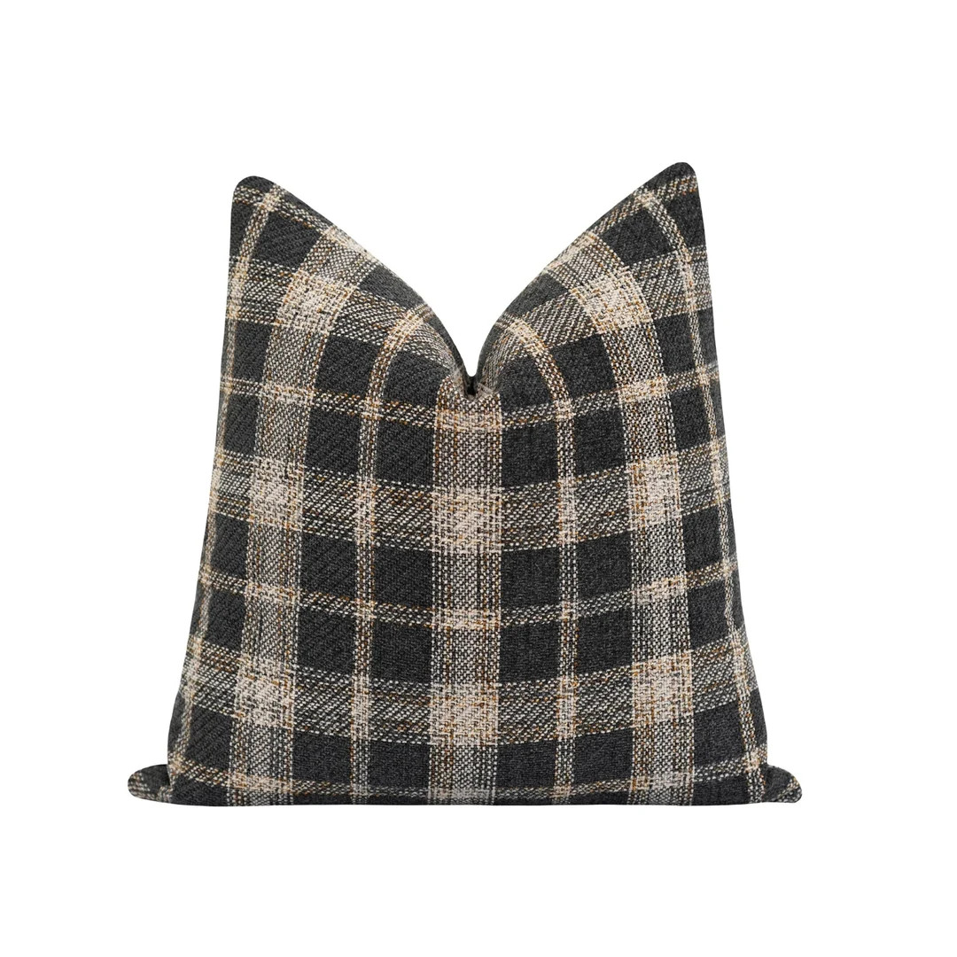 Plaid Chenille Pillow Cover in Charcoal, Beige and Caramel • Rustic Farmhouse Throw Pillow • ... | Etsy (US)