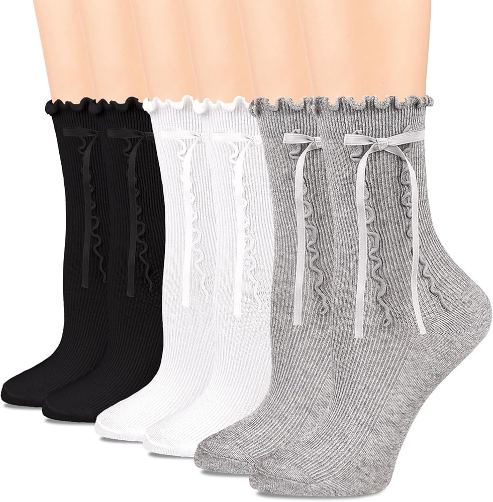Womens Crew Ruffle Socks Cute Frilly Casual Socks Ribbon Bow Knit Cotton Lettuce Adorable Socks 3... | Amazon (US)
