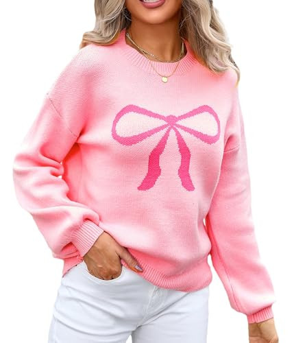 Women Bow Graphic Sweater Long Sleeve Y2k Bow Print Oversized Knitted Pullover Crew Neck Contrast Jumper Tops Knitwear(Bow Pink,Small) | Amazon (US)