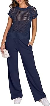 ANRABESS Women Two Piece Outfits Crochet Sheer Knit Sweater Top Wide Leg Pants Lounge Matching Se... | Amazon (US)